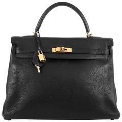 Hermes Kelly Handbag Black Clemence with Gold Hardware 35 9