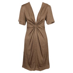 Early 1970s André Laug Taupe Textured Silk Dress with Radiating Gathered Waist