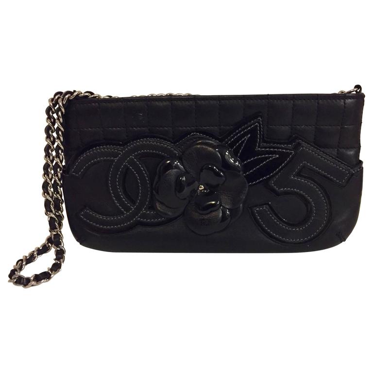 Cherished Chanel No. 5 Black Clutch Bag with Chain and Camellia Flower ...