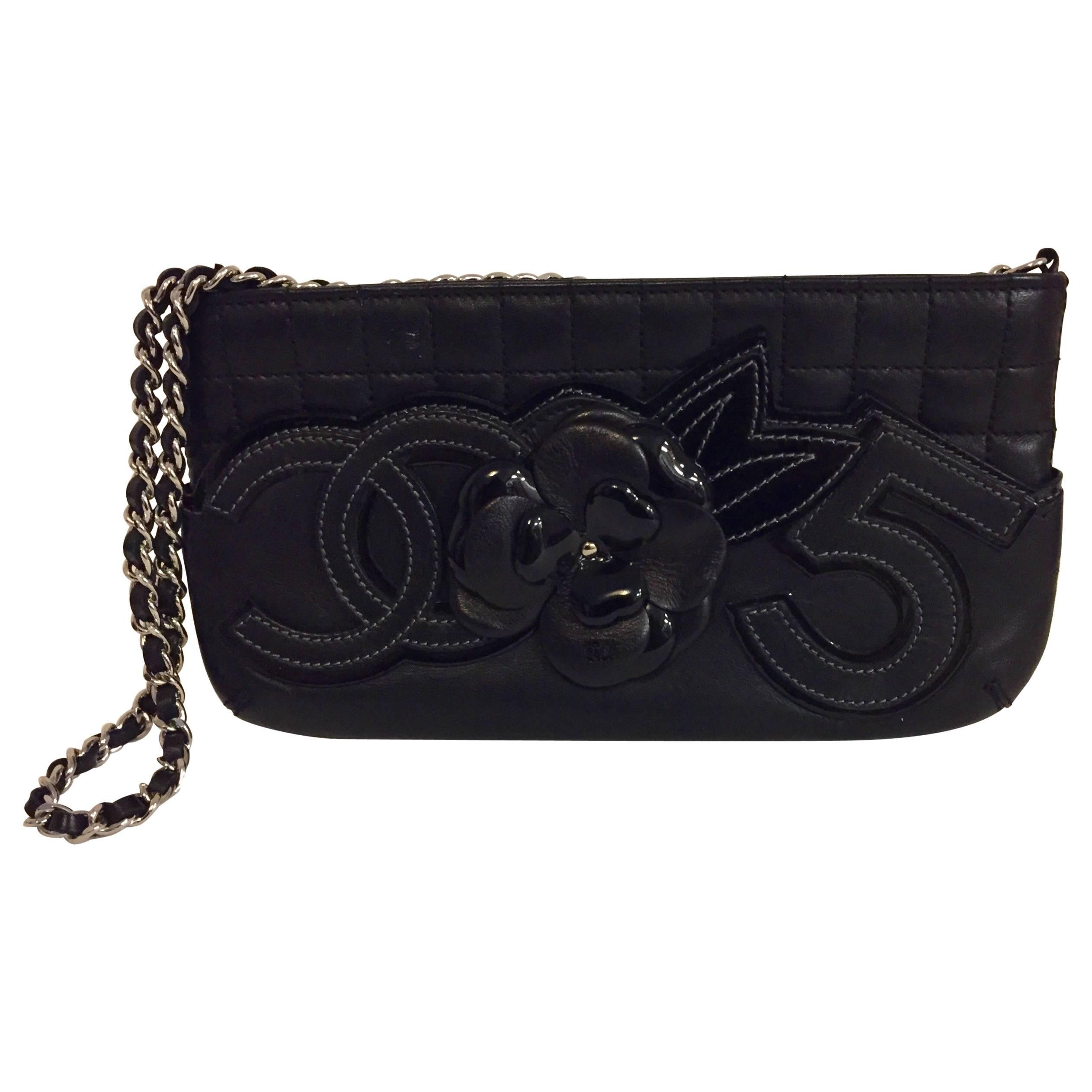 Cherished Chanel No. 5 Black Clutch Bag with Chain and Camellia Flower