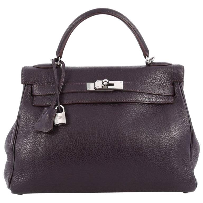 Hermes Kelly Handbag Raisin Clemence with Palladium Hardware 32