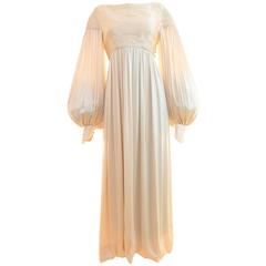 70s Ronald Amey Haute Couture Evening Gown with Bishop Sleeves Silk Satin Sz S 3