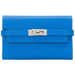 Hermes Blue Hydra Chevre Medium Bifold Kelly Wallet Palladium Hardware