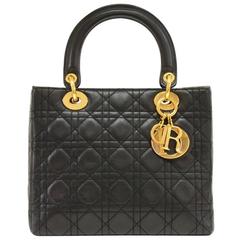 Christian Dior Lady Dior 10" Black Quilted Cannage Leather Hand Bag 
