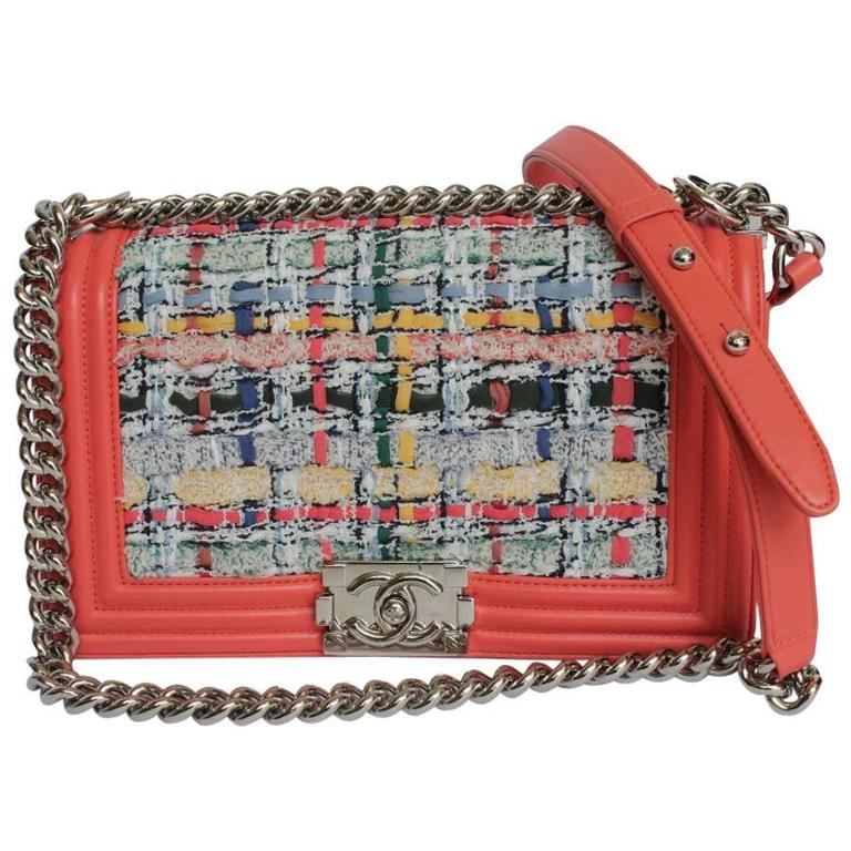 CHANEL 'Boy' Flap Bag in Multicolored Tweed and Smooth Coral Leather at  1stDibs