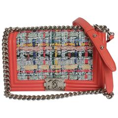 CHANEL 'Boy' Flap Bag in Multicolored Tweed and Smooth Coral Leather