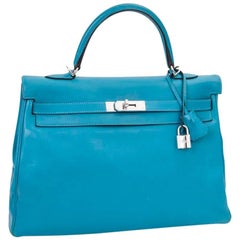 HERMES Kelly II 35 Bag in Izmir Blue Swift Calfskin Leather with Shoulder Strap