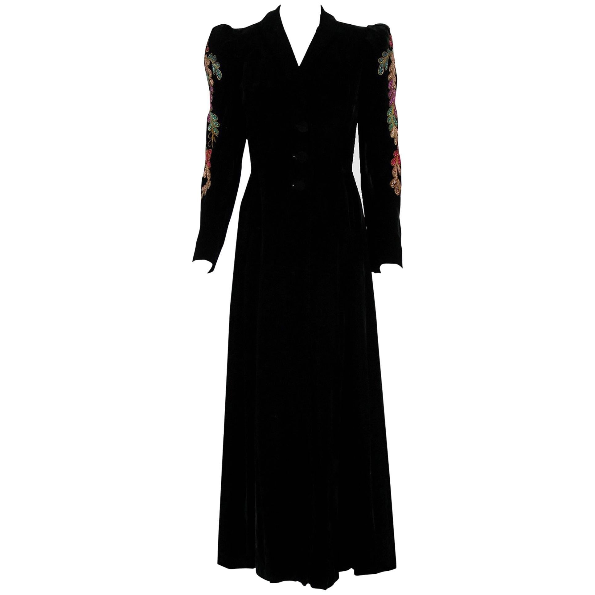 1930's Metallic Soutache Embroidered Black Silk Velvet Puff-Sleeve Maxi Coat 