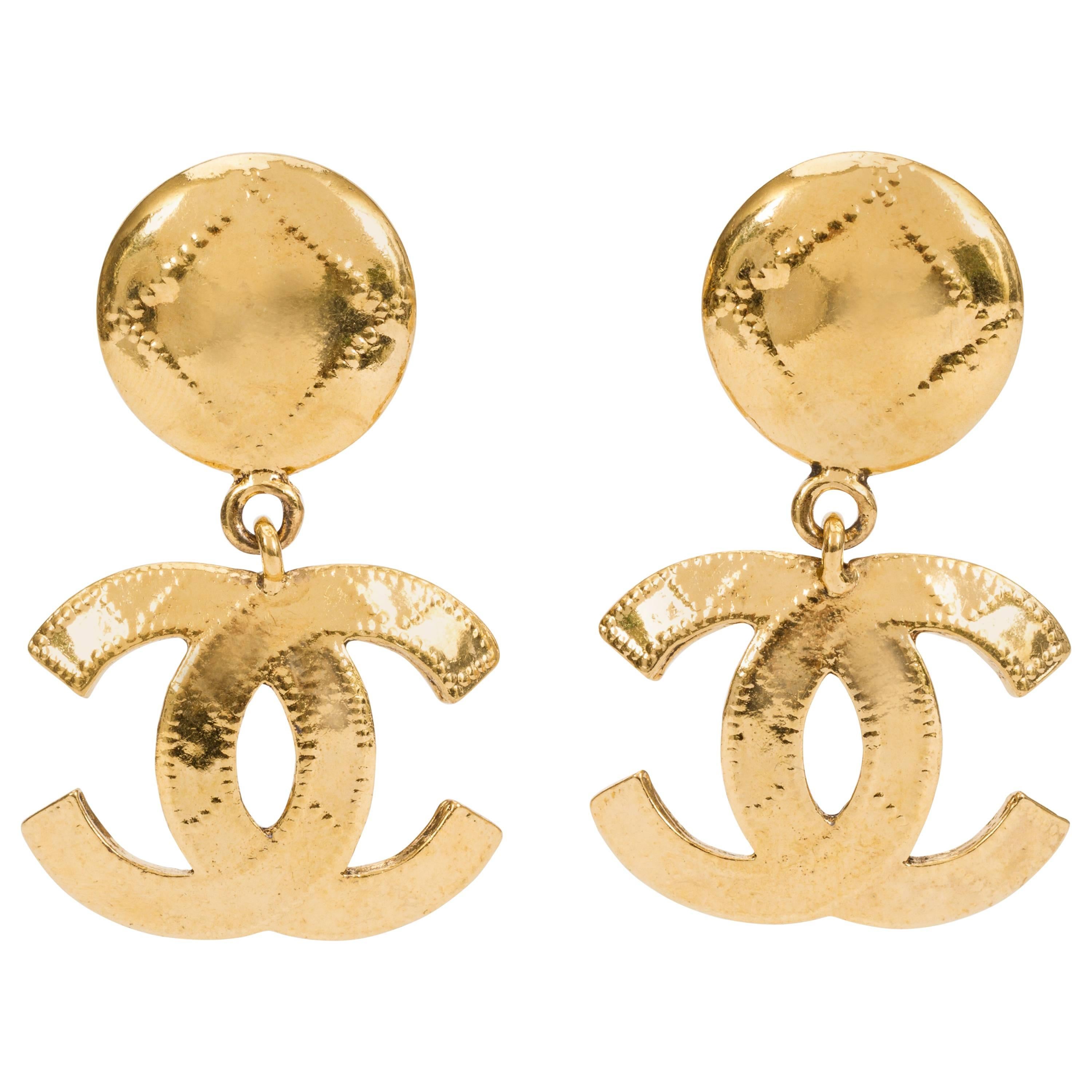 1990's Chanel Gold Quilted CC Dangle Earrings