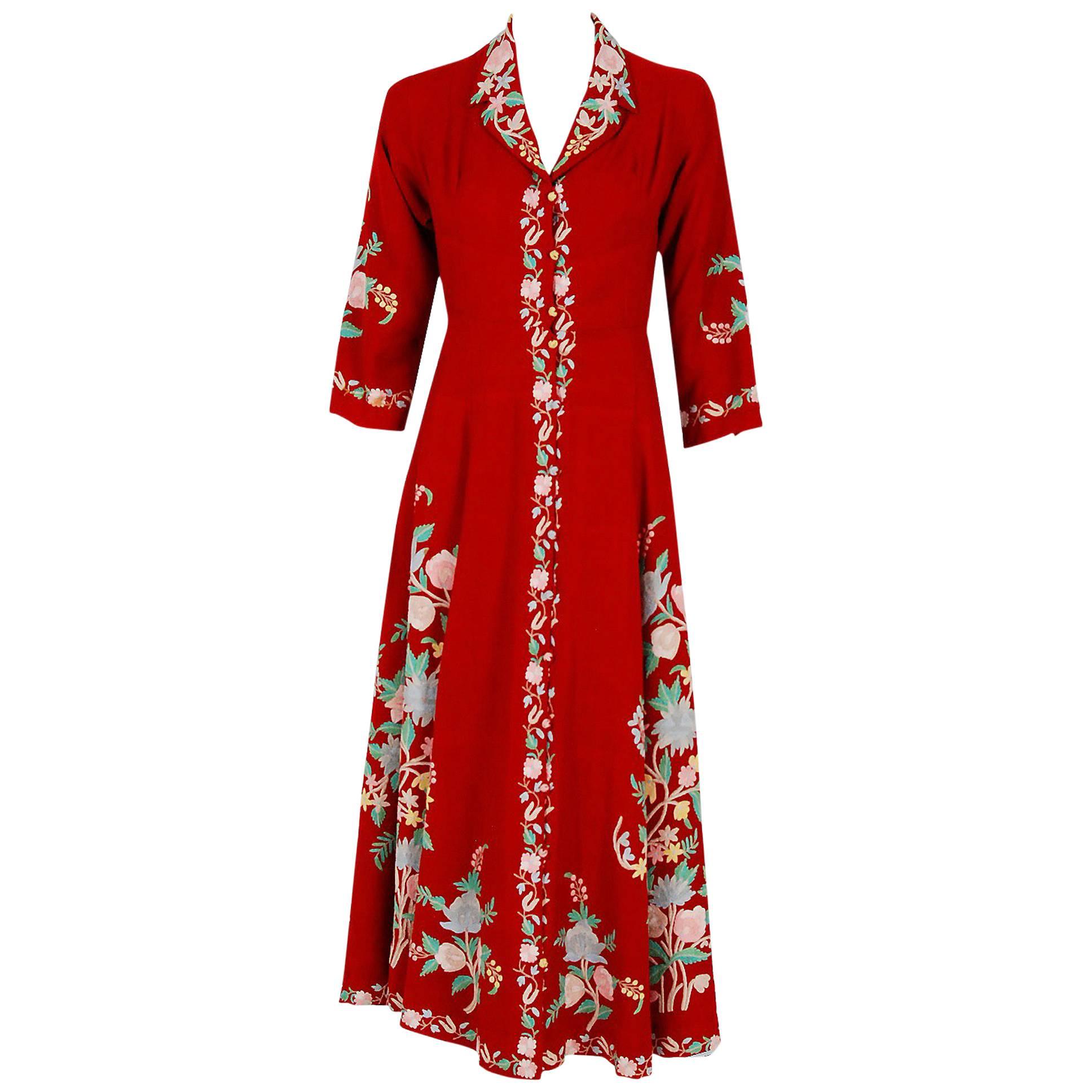 1940's Embroidered Floral Garden Red Wool Bohemian Princess Lounge Jacket Coat