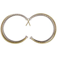 Retro DAVID YURMAN Sterling Silver & 14k Gold Textured Hoop Earrings