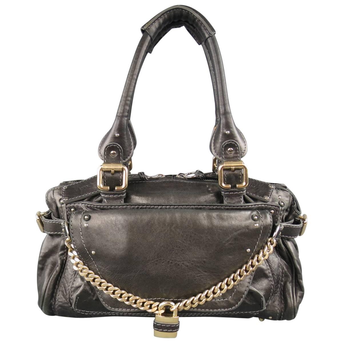 CHLOE Shoulder Bag - Charcoal Leather Paddington Capsule PadLock Chain 
