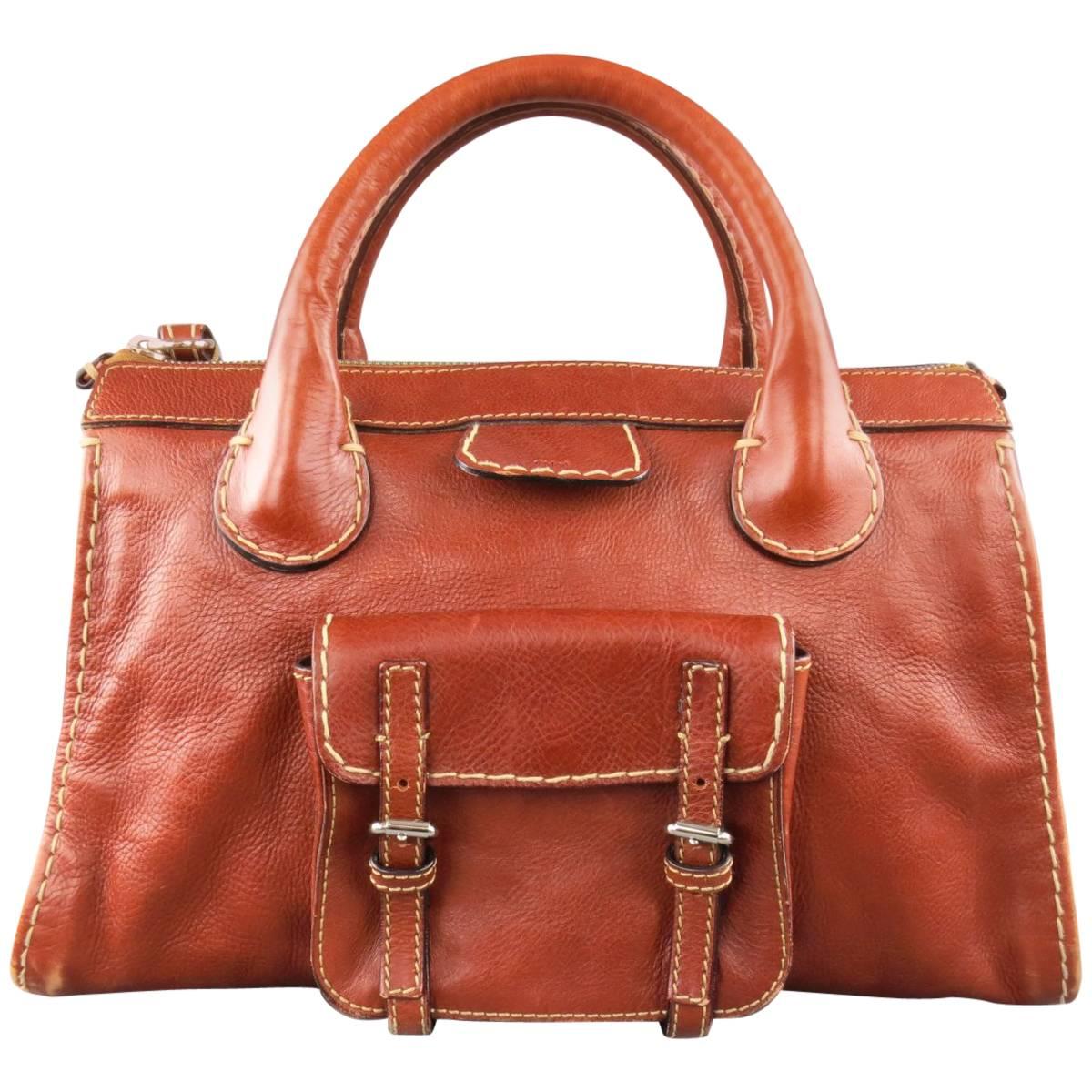 CHLOE Brown Contrast Stitch Leather Edith Handbag