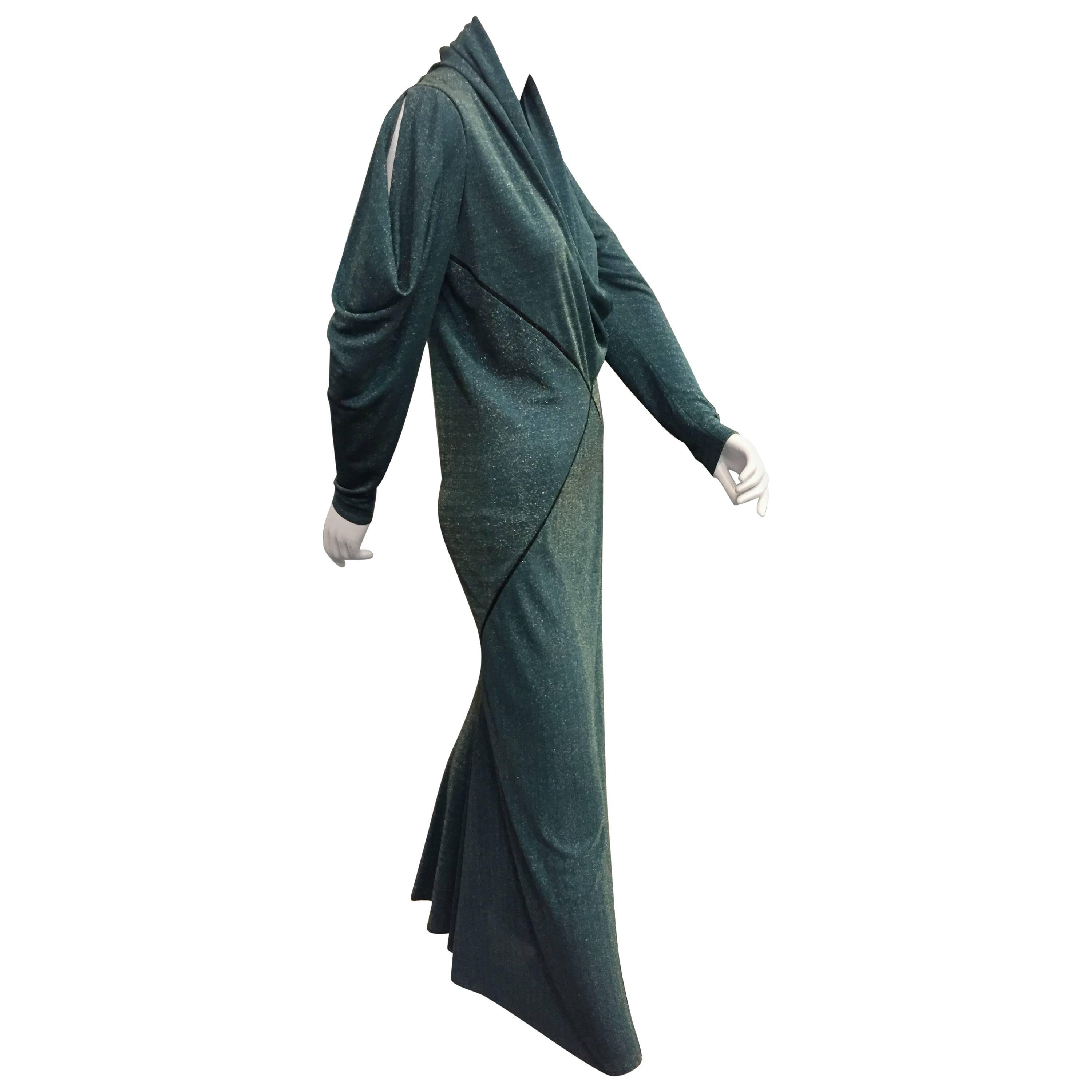 1980s Janice Wainwright Teal Lurex Jersey Gown w 1930s Inspired Bias Detailing