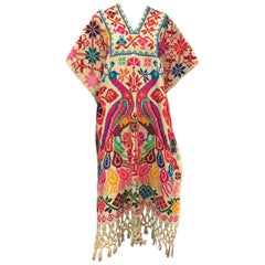 Vintage Folkloric Fluorescent Embroidered Poncho with Peacock Motif, 1970s