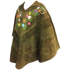 Vintage Olive Tone Suede Poncho with Embroidered Flowers, 1960s  