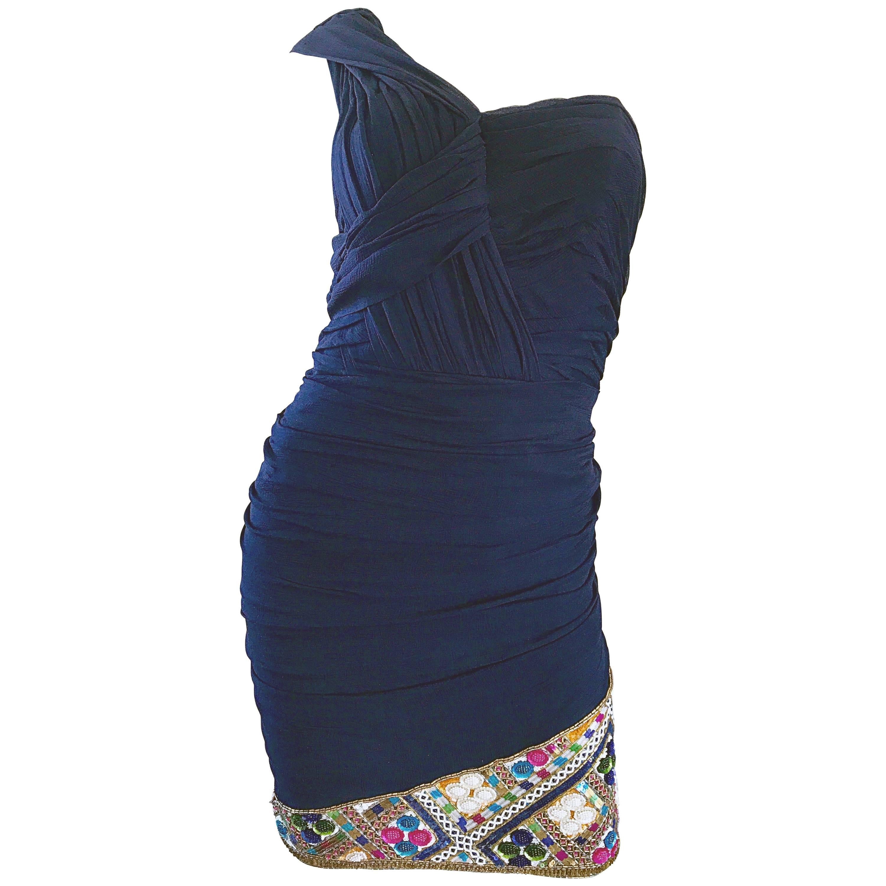 Magnifique robe vintage Paul Louis Orrier asymétrique en mousseline bleu marine perlée en vente