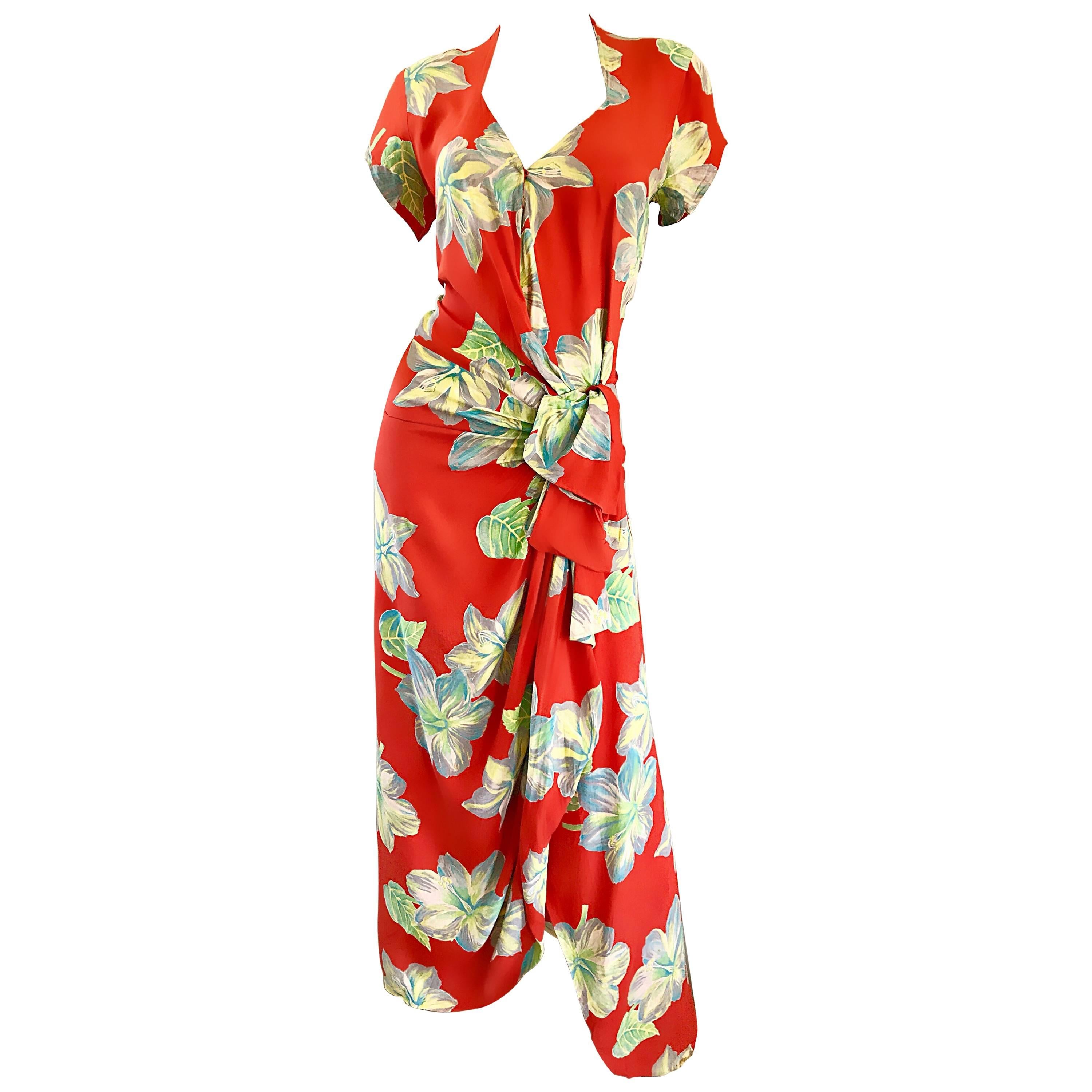 Gorgeous 1930s Cold Silk Burnt Orange Hawaiian Vintage 30s Sarong Flower Dress