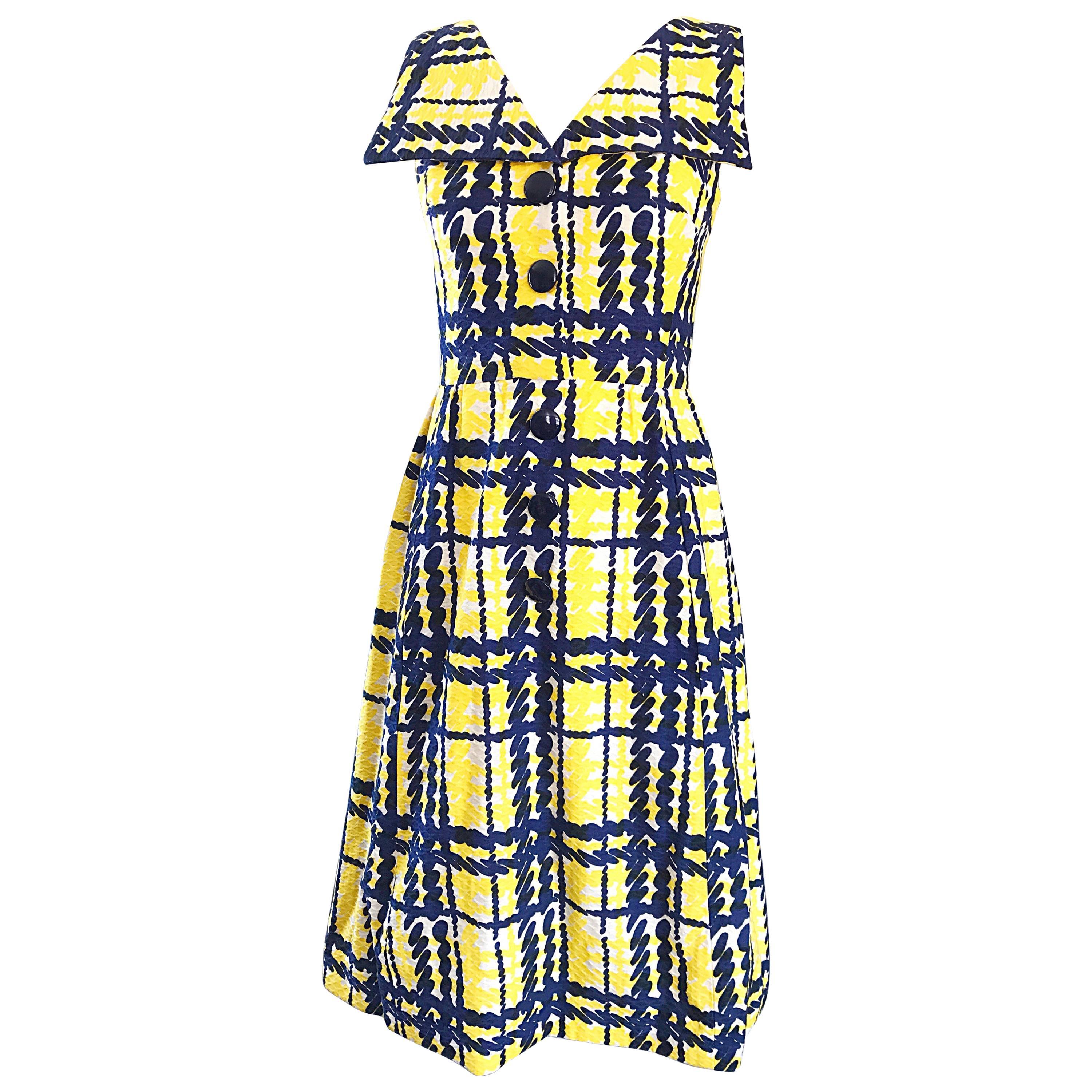 Alan Phillips Navy Blue Yellow and White Plaid Cotton A Line Dress, 1960s 