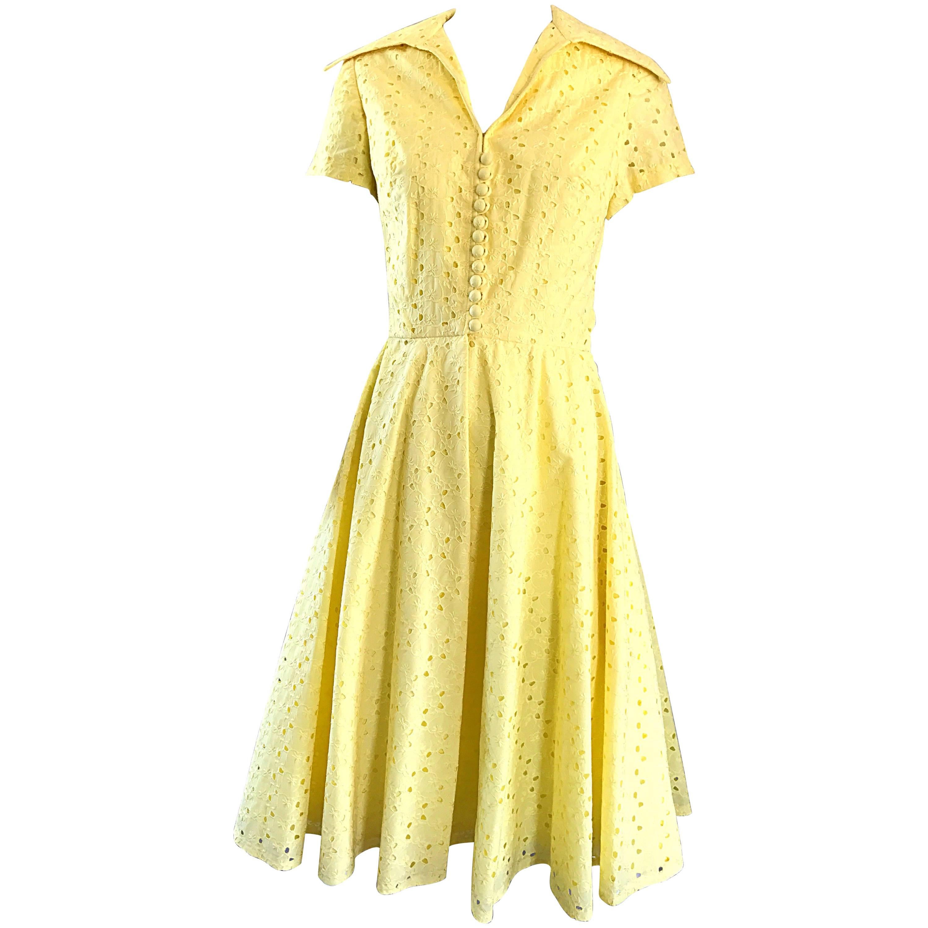 1950s Demi Couture Pale Yellow Eyelet Fit & Flare Short Sleeve Cotton 50s Dress