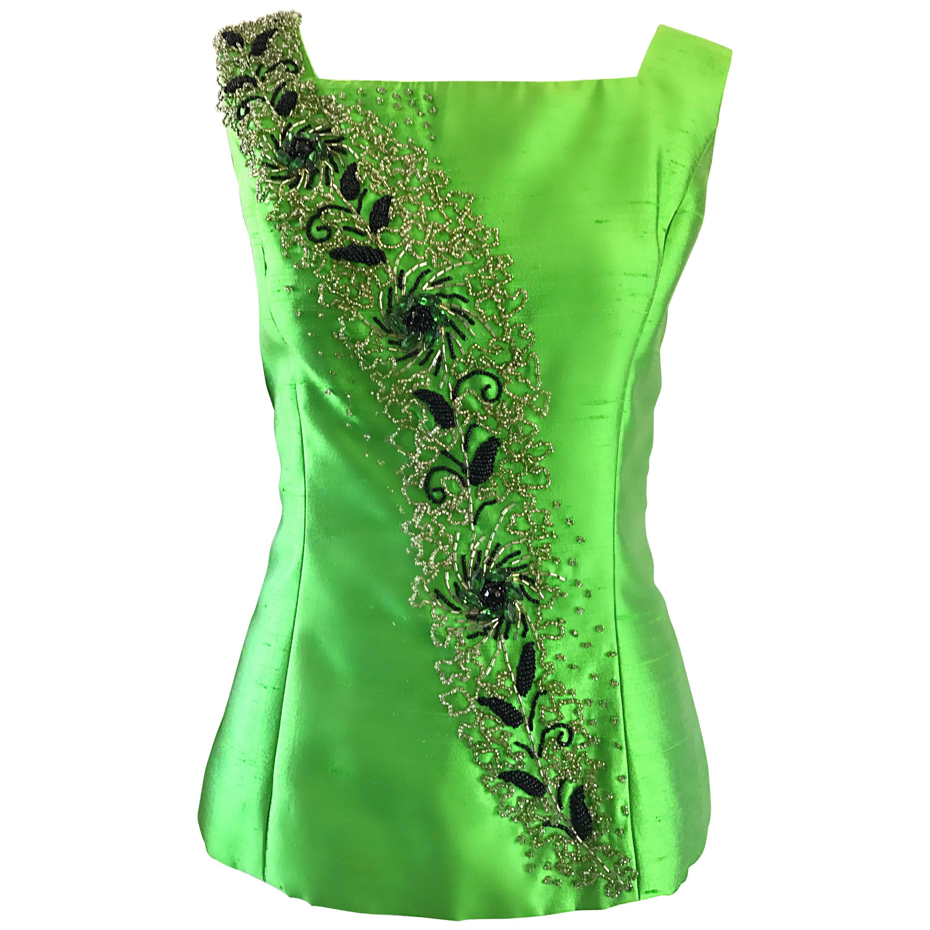 Gorgeous 1950s Green Silk Shantung Beaded Crystal Couture Sleeveless Blouse Top For Sale