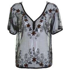 1920s Black Sheer Beadeds Embroidered Blouse Shirt 