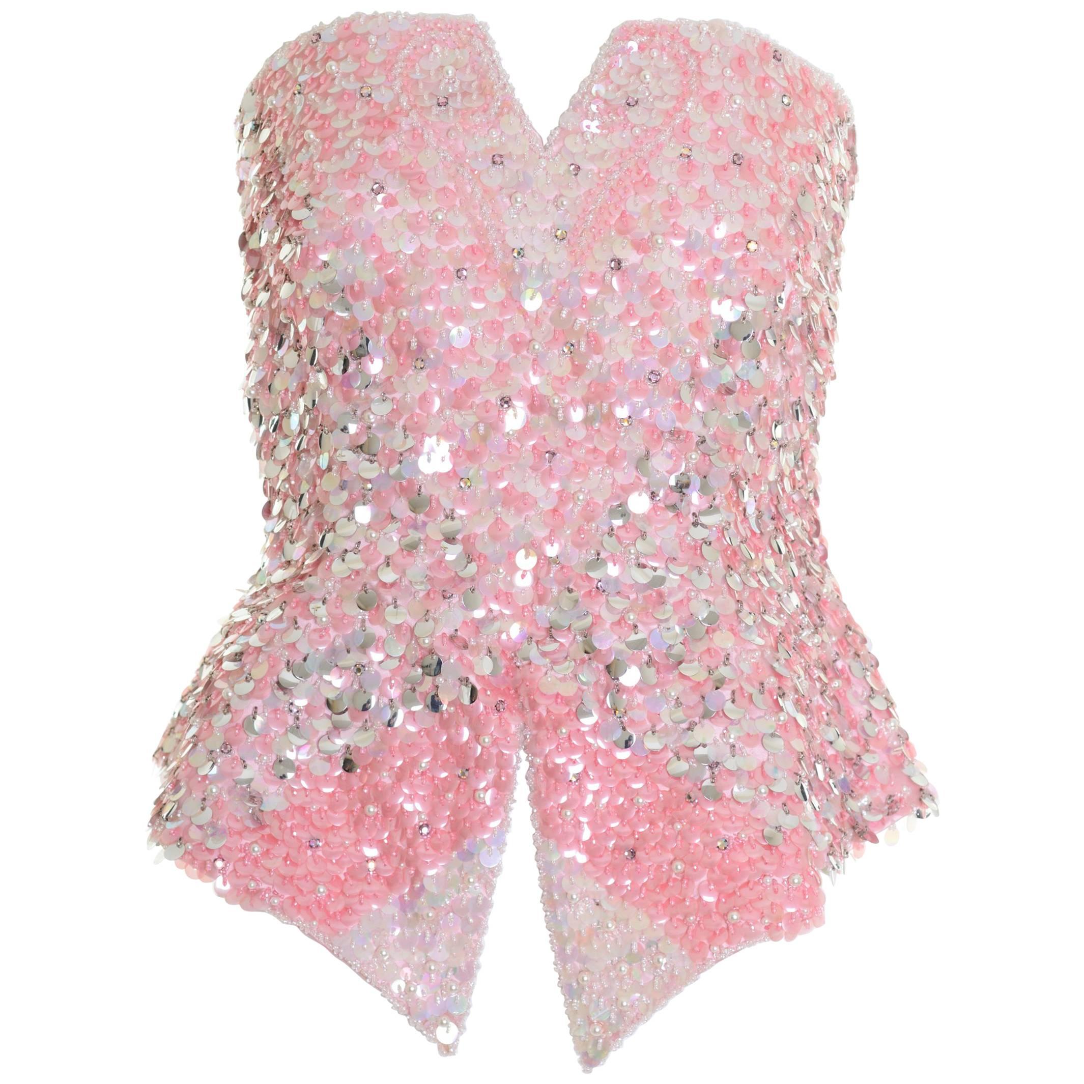 1980s White and Pink Sequins and  Beadeds Top Bustier For Sale
