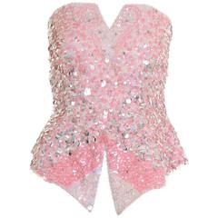 1980s White and Pink Sequins and  Beadeds Top Bustier