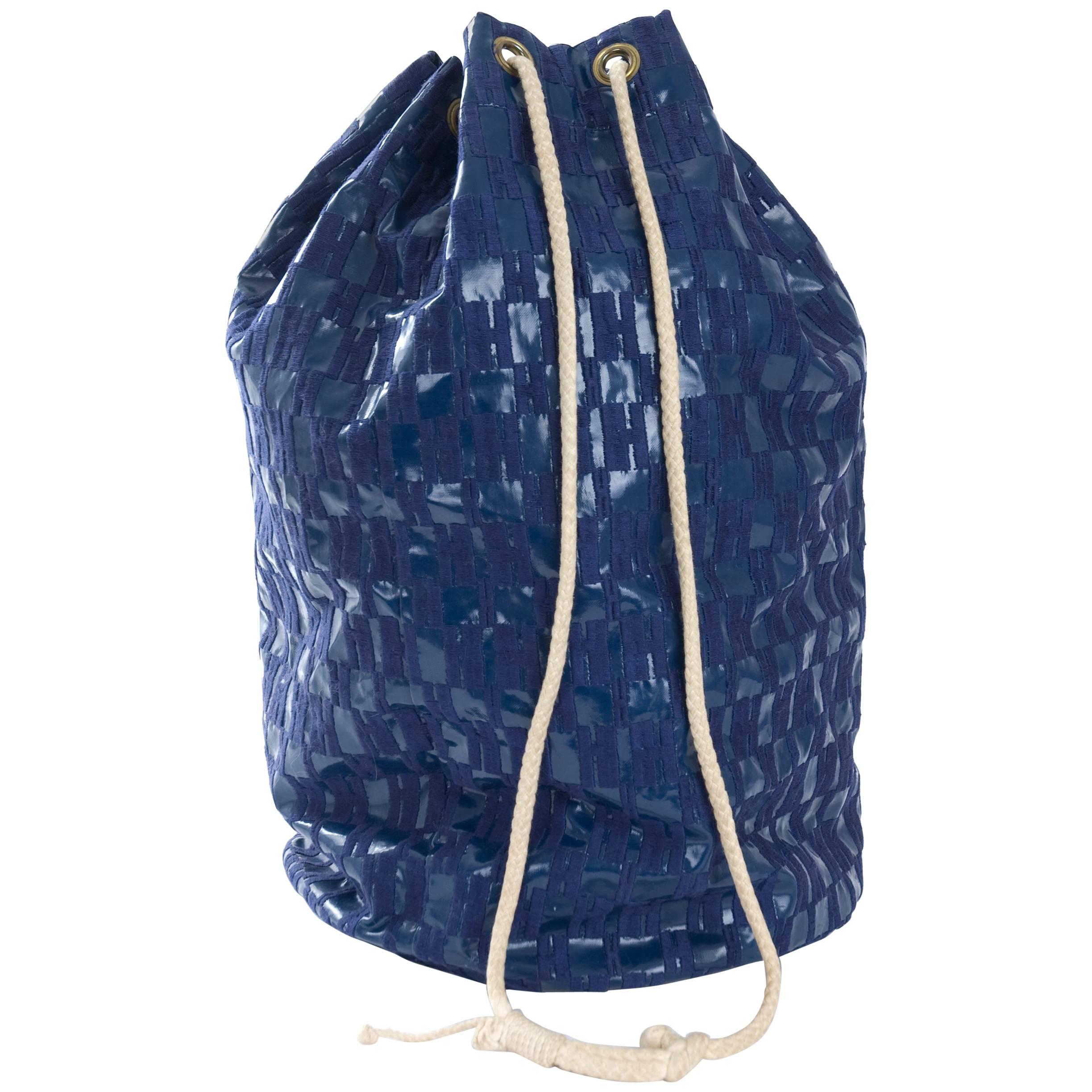 70's Hermes Sport Drawstring Bag with H Embroidery in Blue
