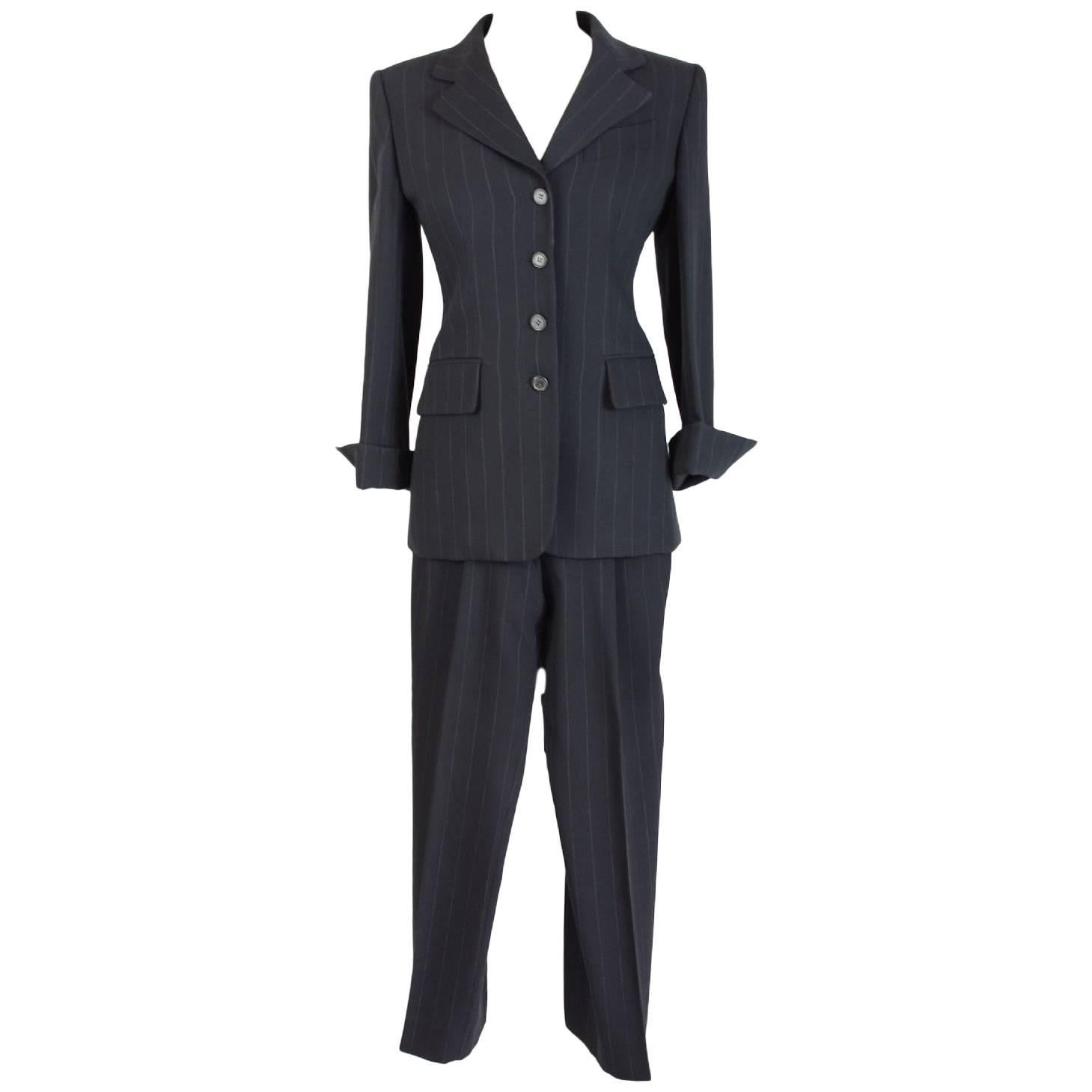 1990s Prada Gray Pinstripe Wool Jacket Suit Pants Size 40 Made Italy Women's  For Sale