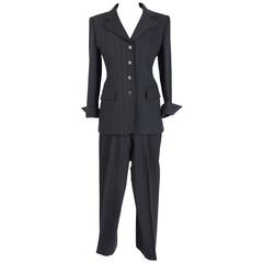 Retro 1990s Prada Gray Pinstripe Wool Jacket Suit Pants Size 40 Made Italy Women's 