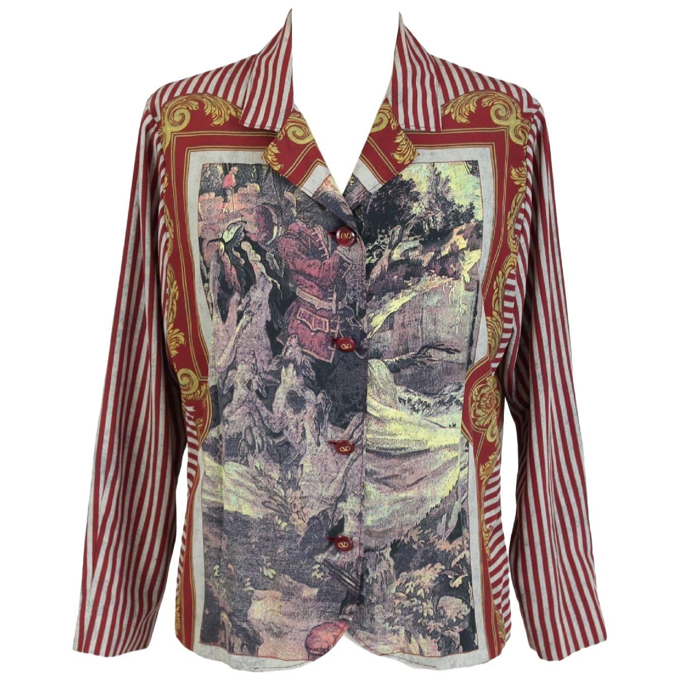 Valentino Baroque Strips Silk Red White Italian Shirt Blouse, 1990 For Sale