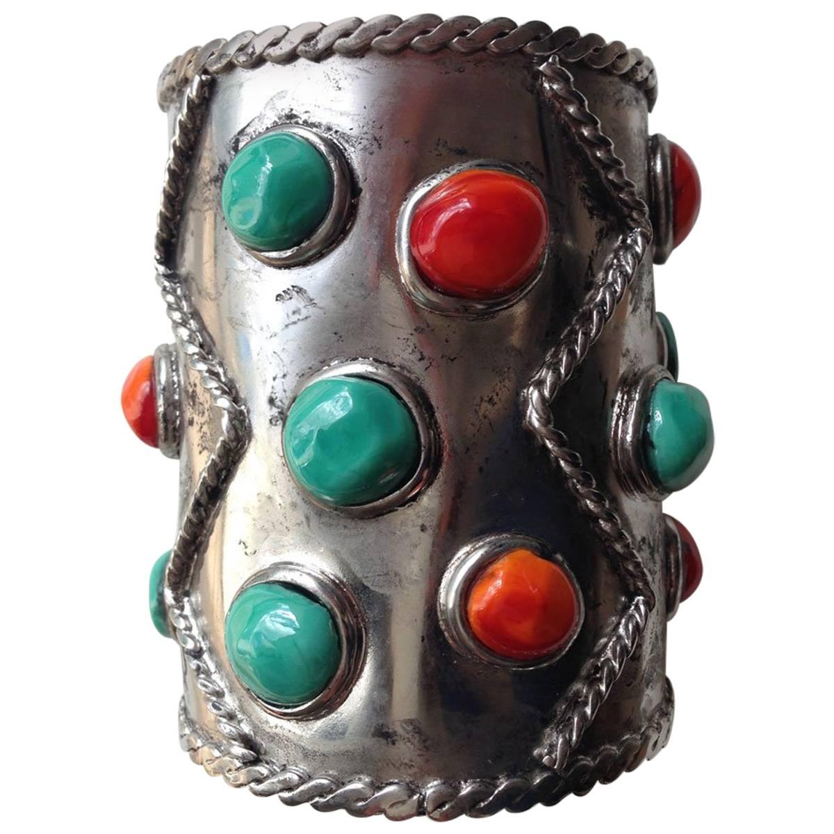 MARGUERITE DE VALOIS Silver Plated Cuff with Molten Glass Cabochons  For Sale