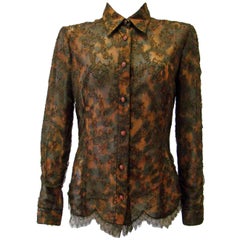 Istante By Gianni Versace Lace Sheer Silk Printed Shirt Top