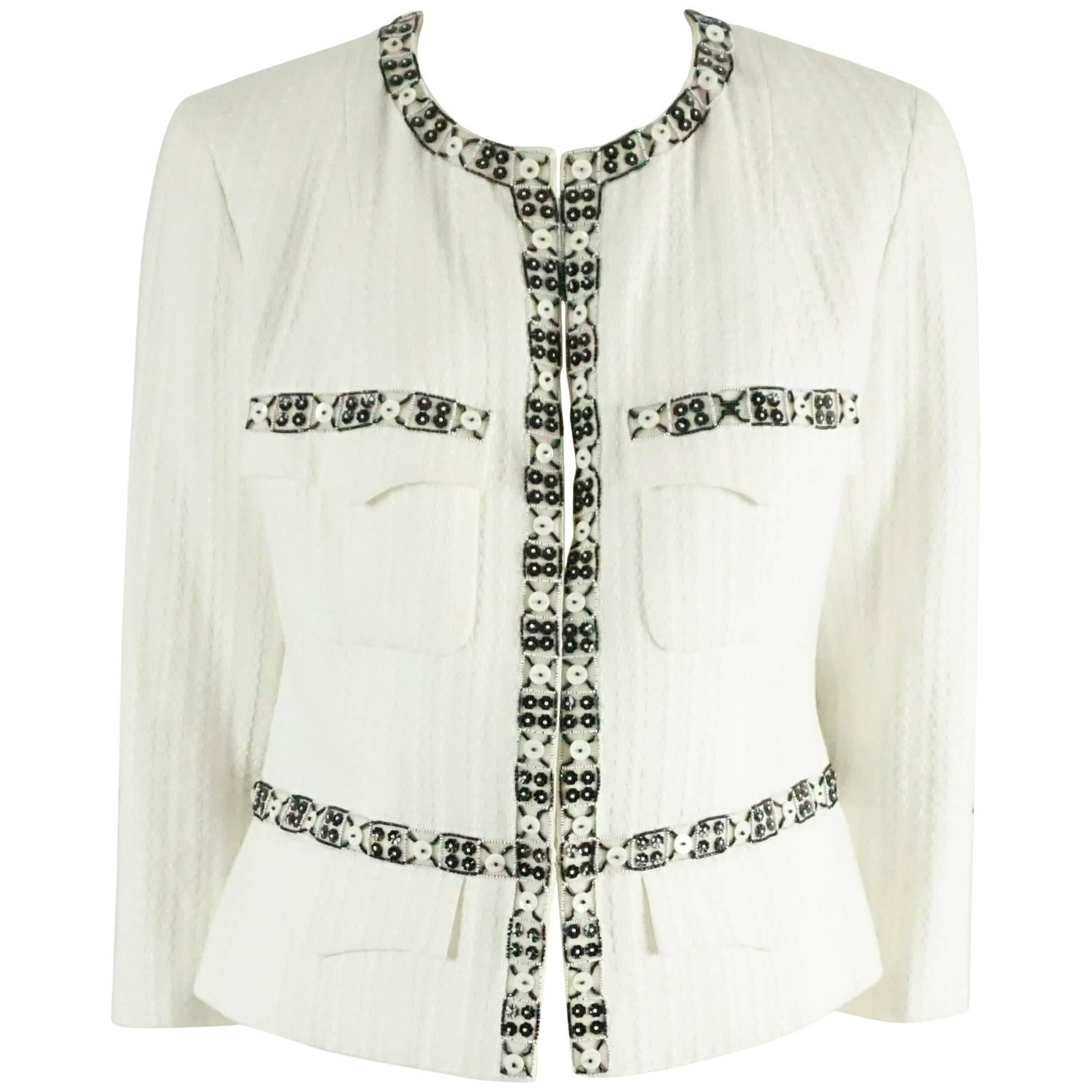 Chanel White Cotton Jacket with Black Beaded Trim, Size 46