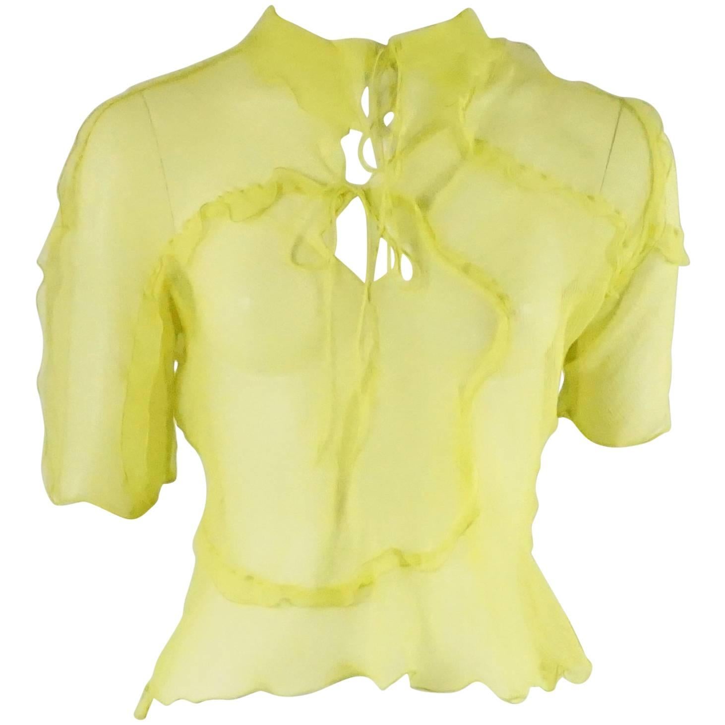 Fendi Yellow Silk Chiffon Short Sleeve Top with Ruffles - S