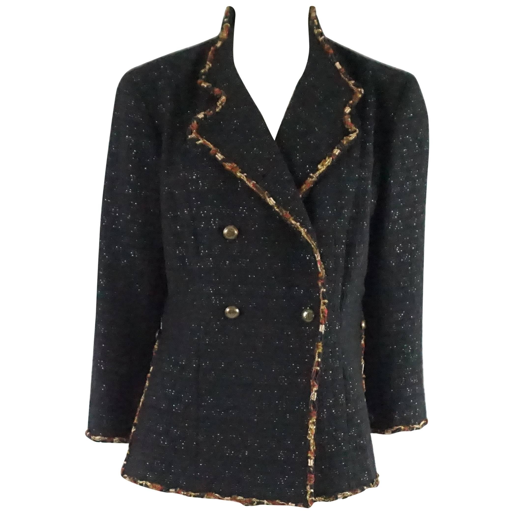 Chanel Black Wool Jacket with Amber Chain Trim, Size 42  