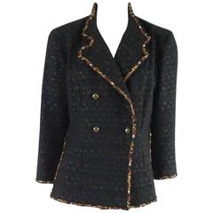 Chanel Black Wool Jacket with Amber Chain Trim, Size 42