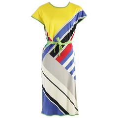 Leonard Multi Geometric Print Cotton Dress with Belt - 40 - 1980's 9
