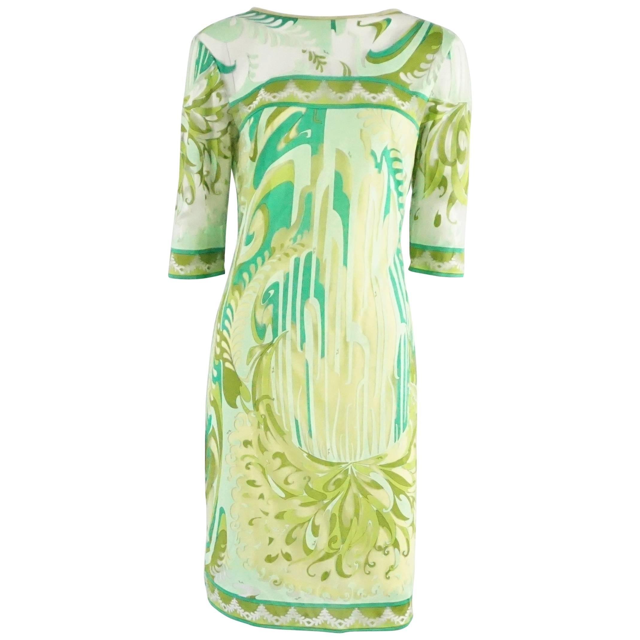 Emilio Pucci Green Printed Silk Jersey Dress with Sheer Top, Size 38