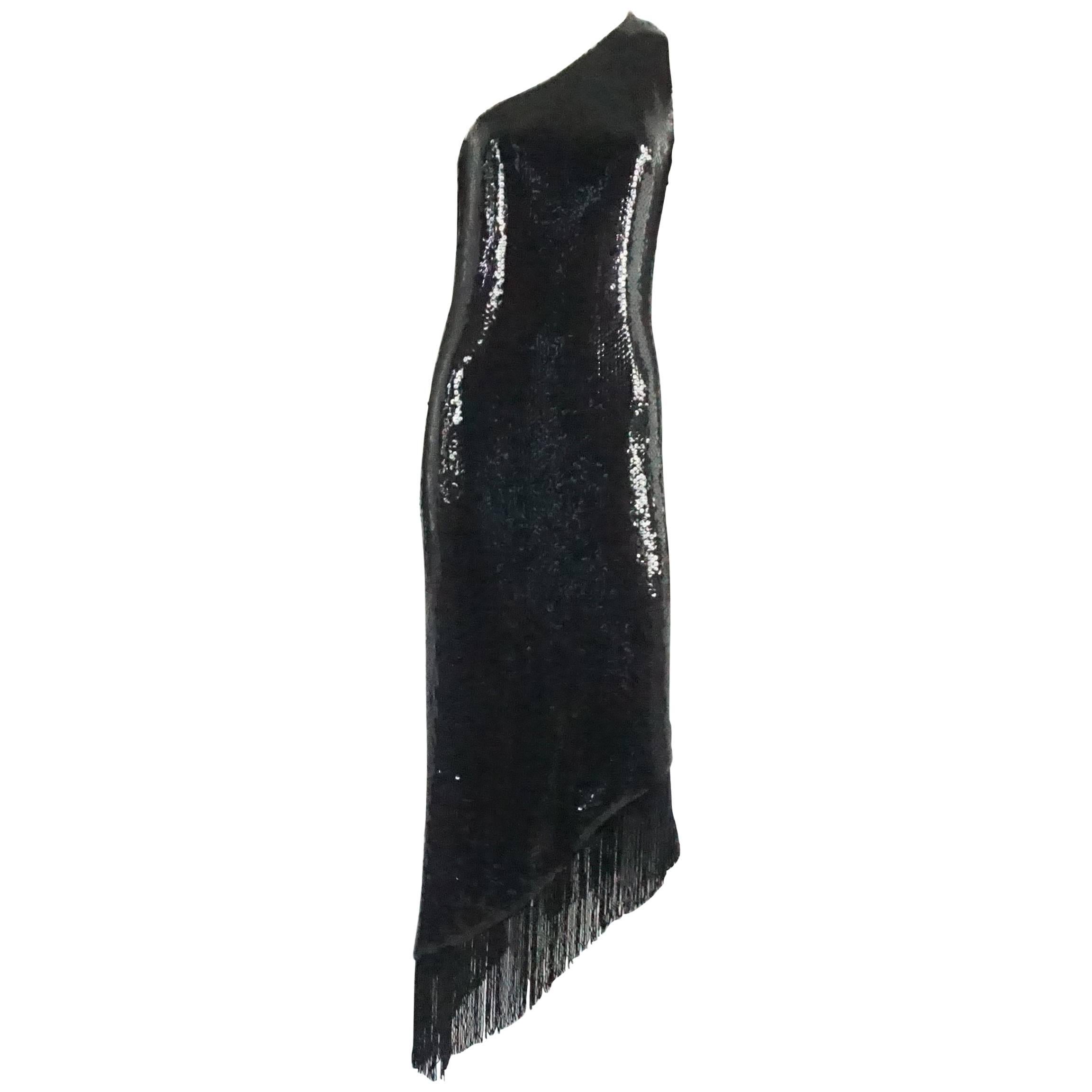 Bill Blass Black Sequin One Shoulder Gown with Beaded Fringe - M - 1970's