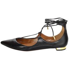 Aquazzura Black Leather Christy Lace-Up Flats Sz 38.5 10