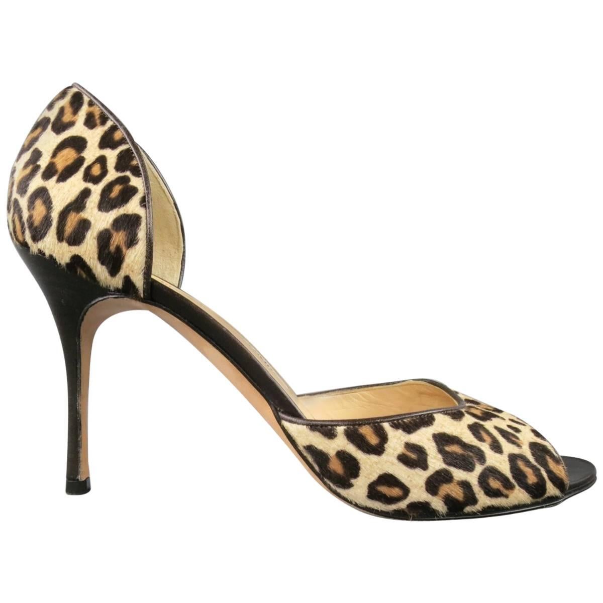 MANOLO BLAHNIK Size 10.5 Leopard Pony Hair Peep Toe D'Orsay Pumps