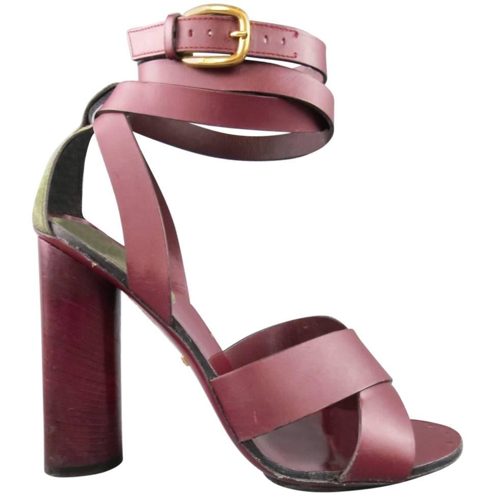 GUCCI Size 9.5 Burgundy Leather Chunky Heel Wrap Strap Sandals