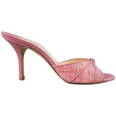 JIMMY CHOO Size 7.5 Pink Woven Raffia & Leather Open Toe Mules