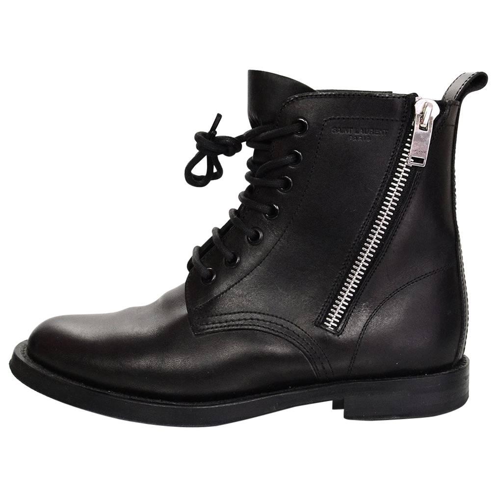Saint Laurent Black Leather Combat Ankle Boots Sz 38.5 rt. $1, 295