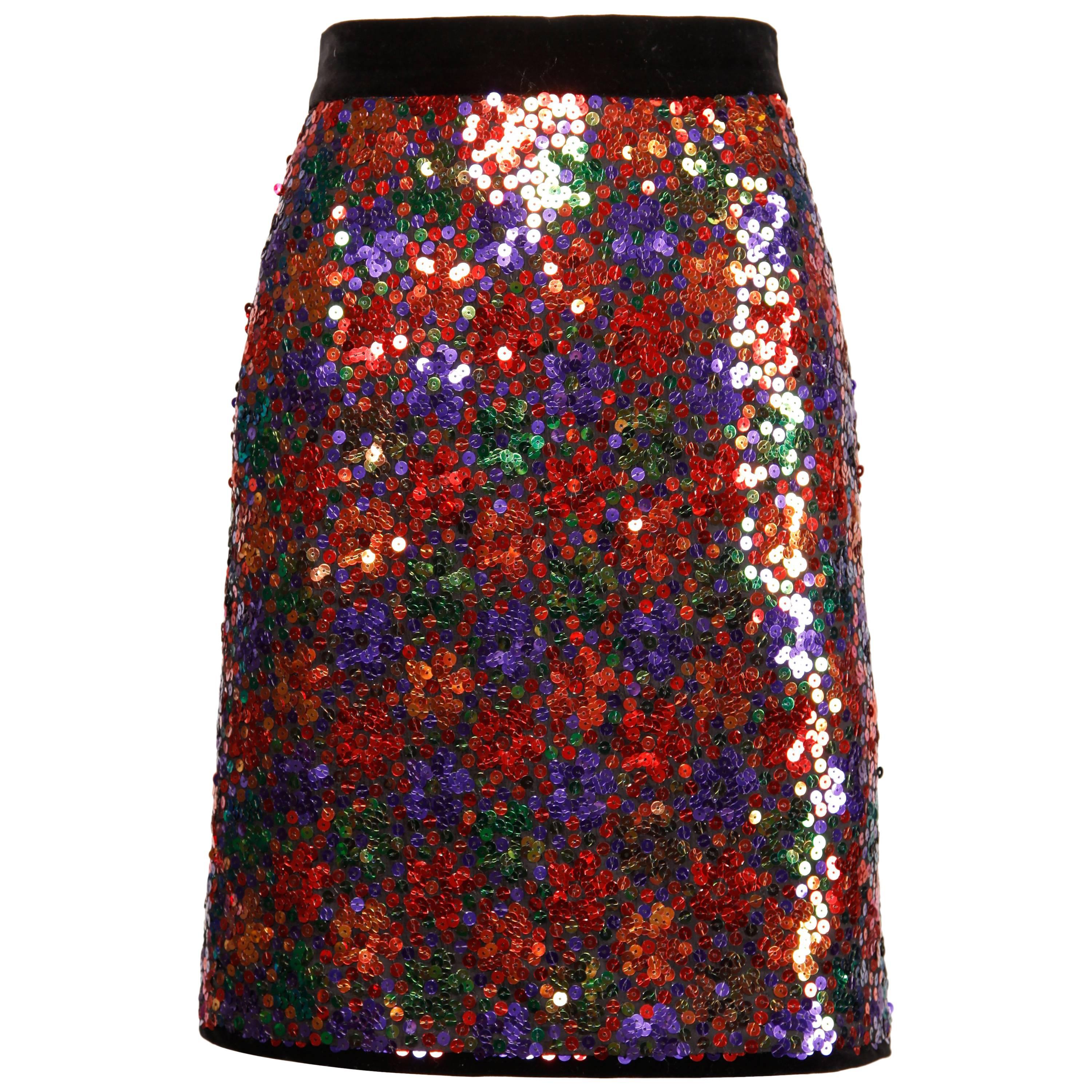 Escada Vintage Silk, Velvet + Metallic Sequin Skirt with Bow Detail