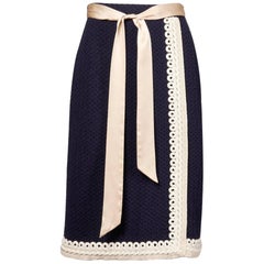 Adolfo Vintage Navy Blue + Ivory Wool Knit Pencil Skirt
