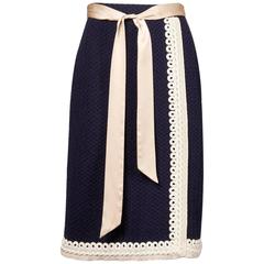 Adolfo Vintage Navy Blue + Ivory Wool Knit Pencil Skirt
