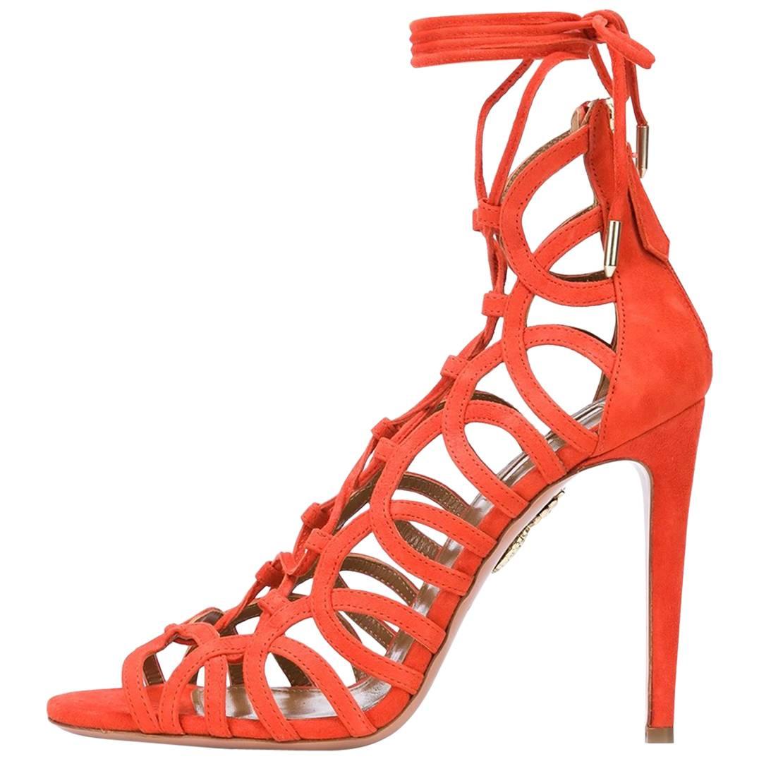 Aquazzura New Orange Suede Cut Out Lace Up Gladiator Heels Sandals in Box